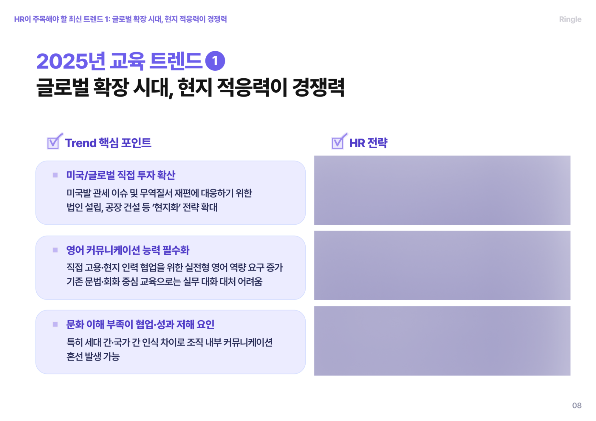 2025년 교육 트렌드인 ‘글로벌 확장 시대, 현지 적응력이 경쟁력’의 핵심 포인트를 설명하는 장표 이미지.