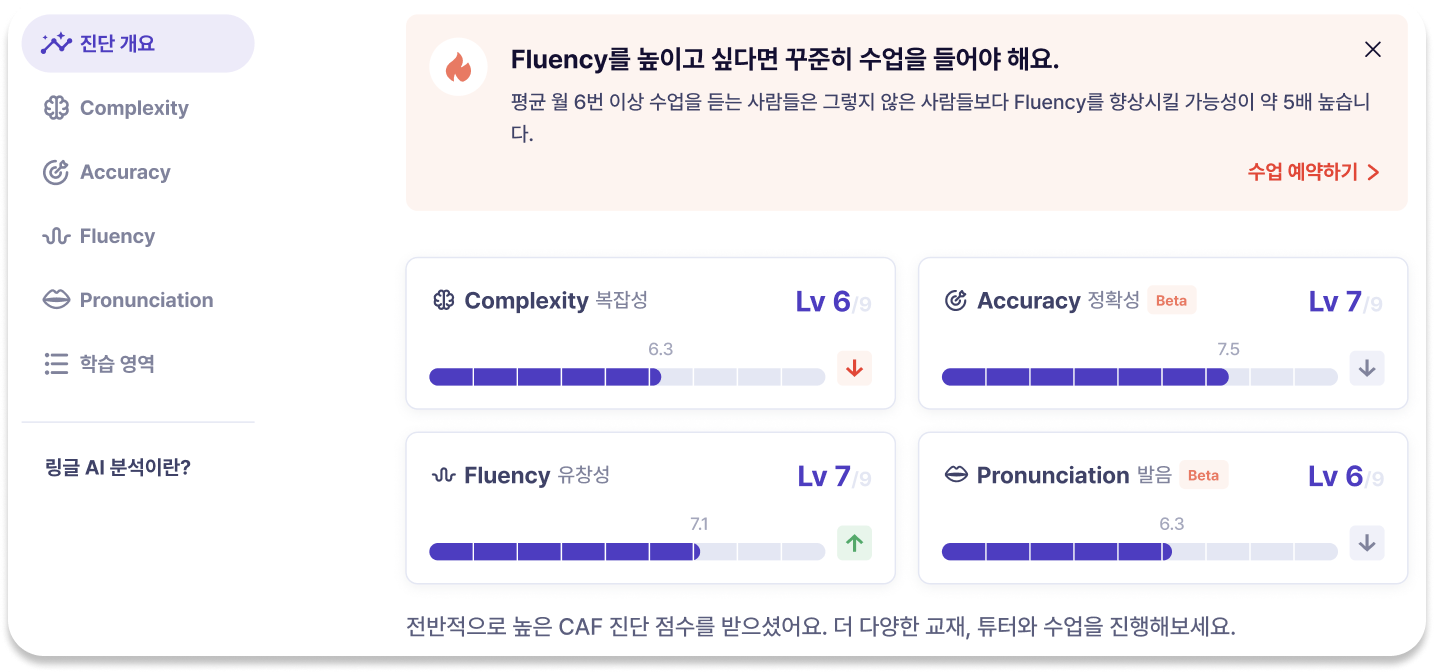 항목 별 점수를 알려주는 링글 CAF 진단 화면.