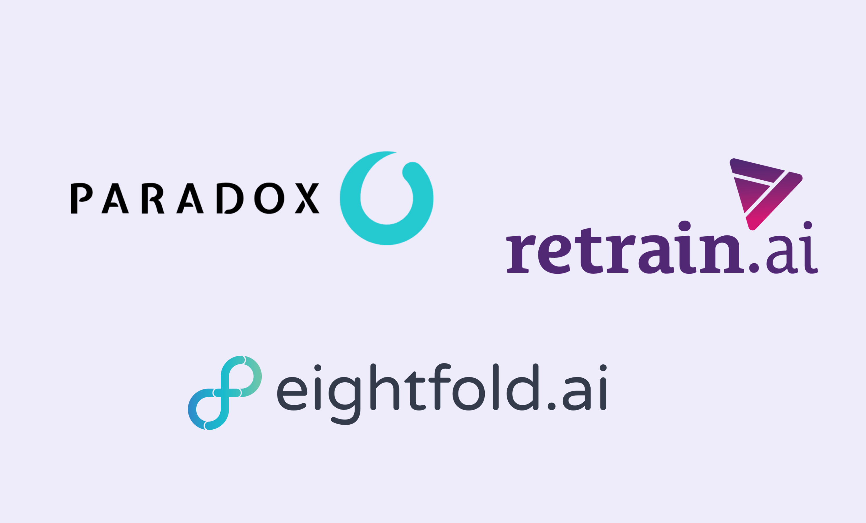 AI 기반 HR 유니콘 기업 로고 – Paradox, retrain.ai, eightfold.ai. 각각 자동화된 채용, 스킬 기반 인재 매칭, 조직 내 인재 설계 등 HR 혁신을 이끄는 글로벌 스타트업들.