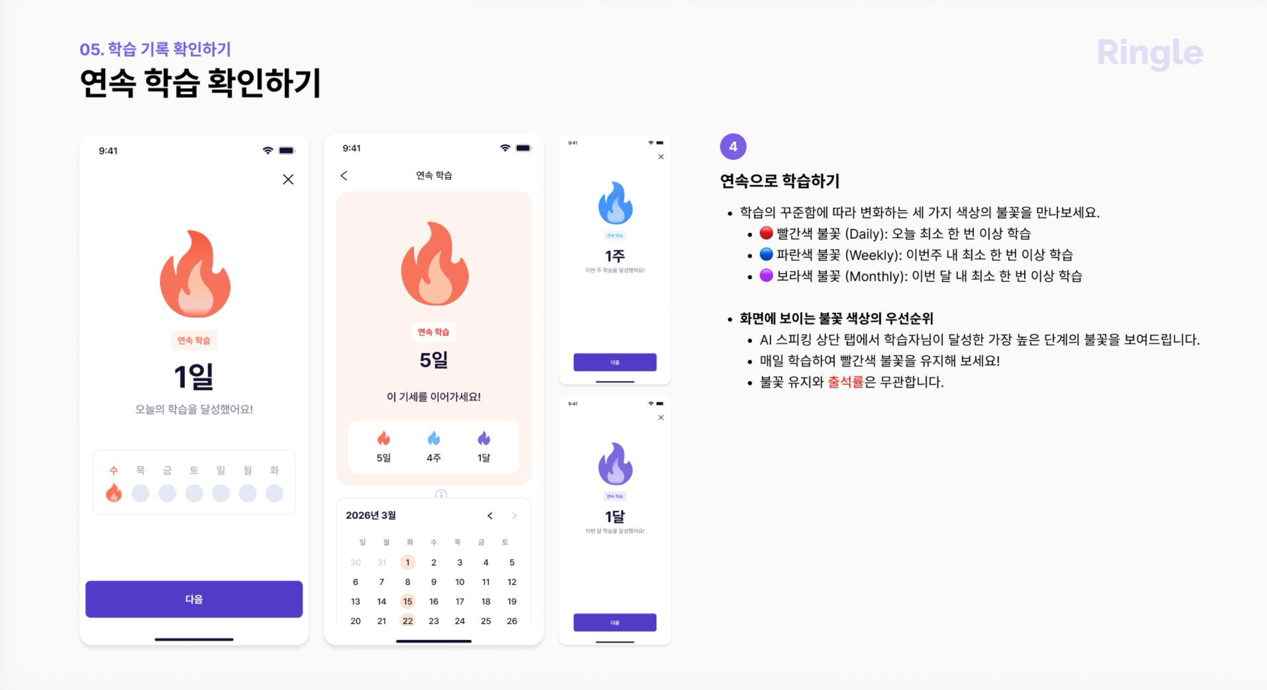 개인별 연속 학습 일수를 보여주는 링글 연속 학습 확인하기 기능 화면