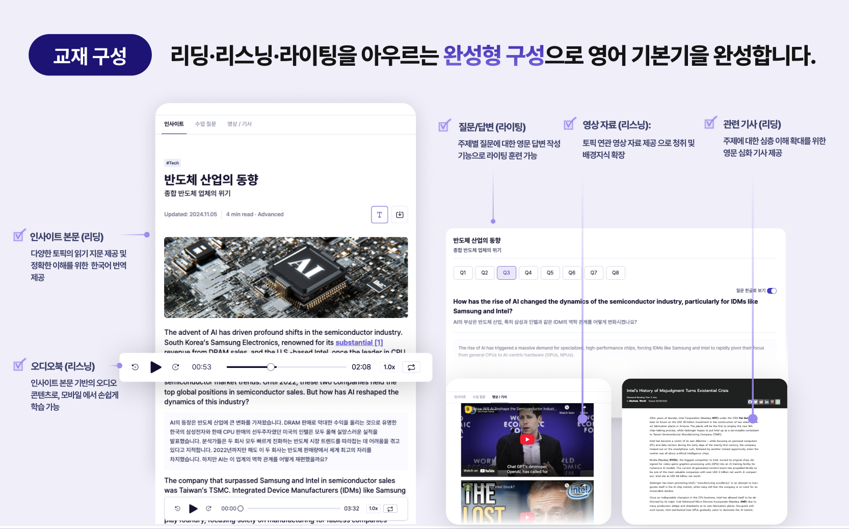 링글 토론형 영어 학습 콘텐츠 화면, 산업 트렌드 기사와 오디오북 기능으로 리딩과 리스닝을 동시에 학습하는 비즈니스 영어 콘텐츠
