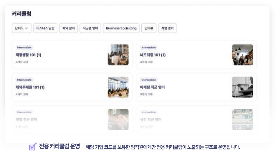 링글 기업 맞춤형 영어 커리큘럼 화면, 직무별 비즈니스 영어 교육 코스가 구성된 기업 전용 학습 프로그램