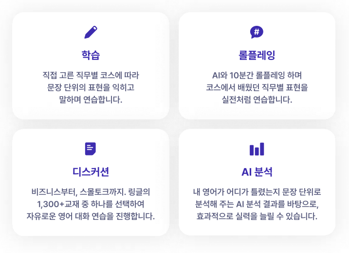 링글 영어 학습 기능 요약 화면, 학습·롤플레잉·디스커션·AI 분석으로 구성된 비즈니스 영어 교육 솔루션