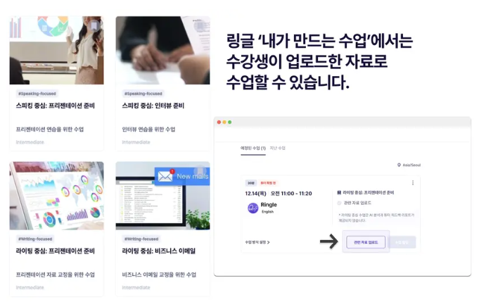 링글 내가 만드는 수업 예시 자료 - 스피킹 중심(프리젠테이션 준비, 인터뷰 준비), 라이팅 준비(프리젠테이션 준비, 비즈니스 이메일)