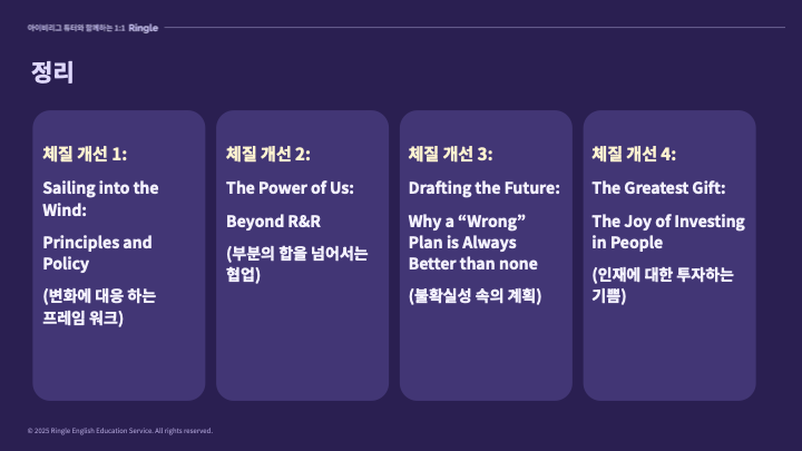 이지수 연사가 설명한 구글의 체질 개선 4가지를 구체적으로 설명하는 장표 이미지.