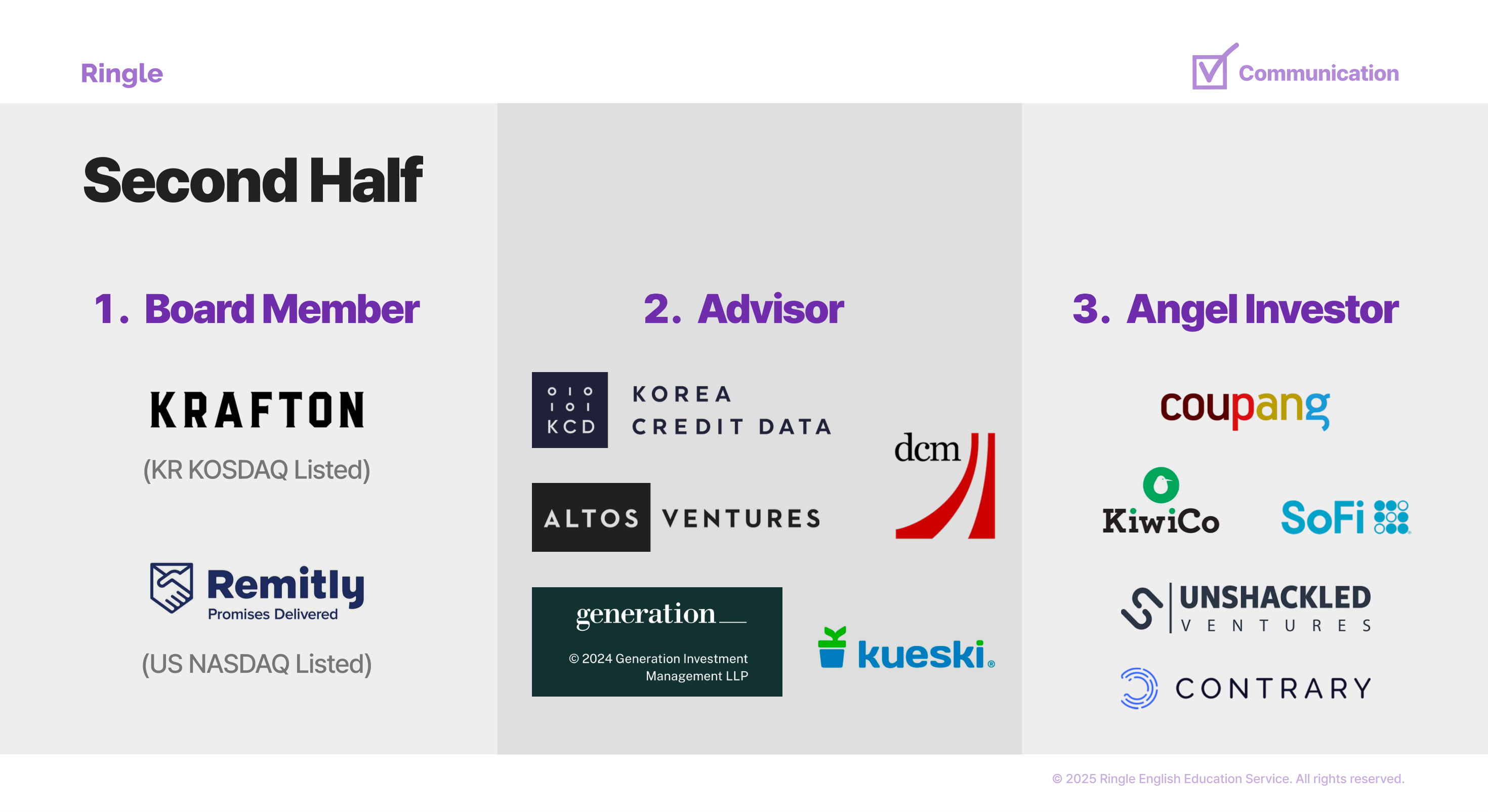정보라님의 커리어 Second Half 활동. 크래프톤(KOSDAQ 상장)과 Remitly(NASDAQ 상장) 보드 멤버, Korea Credit Data, Altos Ventures, DCM, Generation Investment, Kueski 어드바이저, 그리고 Coupang, SoFi, KiwiCo, Unshackled Ventures, Contrary 등에 엔젤 투자자로 참여한 커리어 요약.