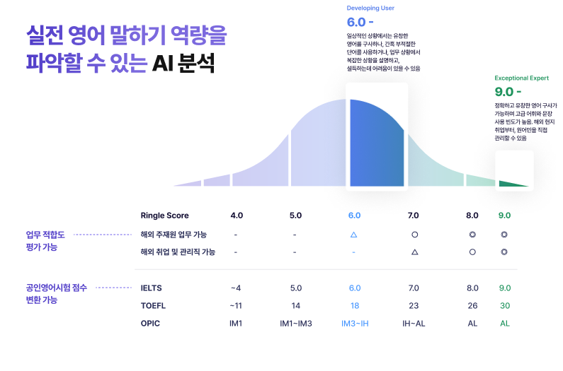 링글의 ‘AI 분석’ 점수별 분포표와 영어 업무 적합도 및 공인 영어 시험 점수 매칭표. 링글 AI 분석을 통해 실전 영어 말하기 역량을 파악할 수 있음을 설명하고 있음.