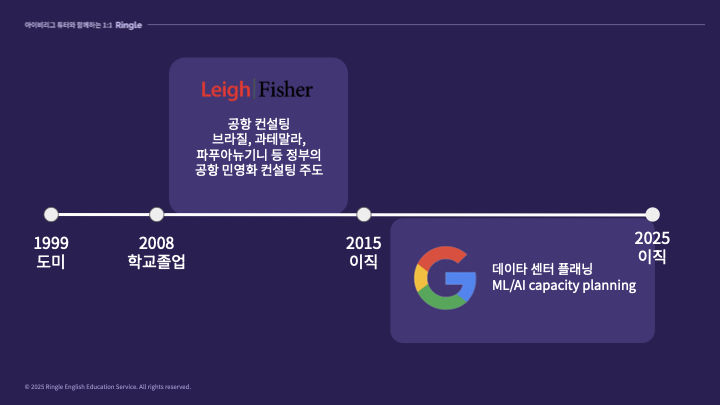 이지수 연사의 경력을 설명하는 장표로, 학교, 직장 등의 연도별 경력이 나와있음.