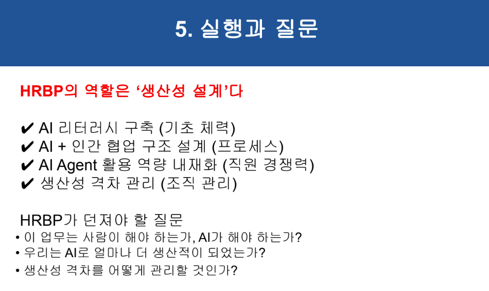AI 시대 HRBP의 역할을 설명하는 슬라이드, 생산성 설계와 AI 협업 구조 구축 필요성 강조