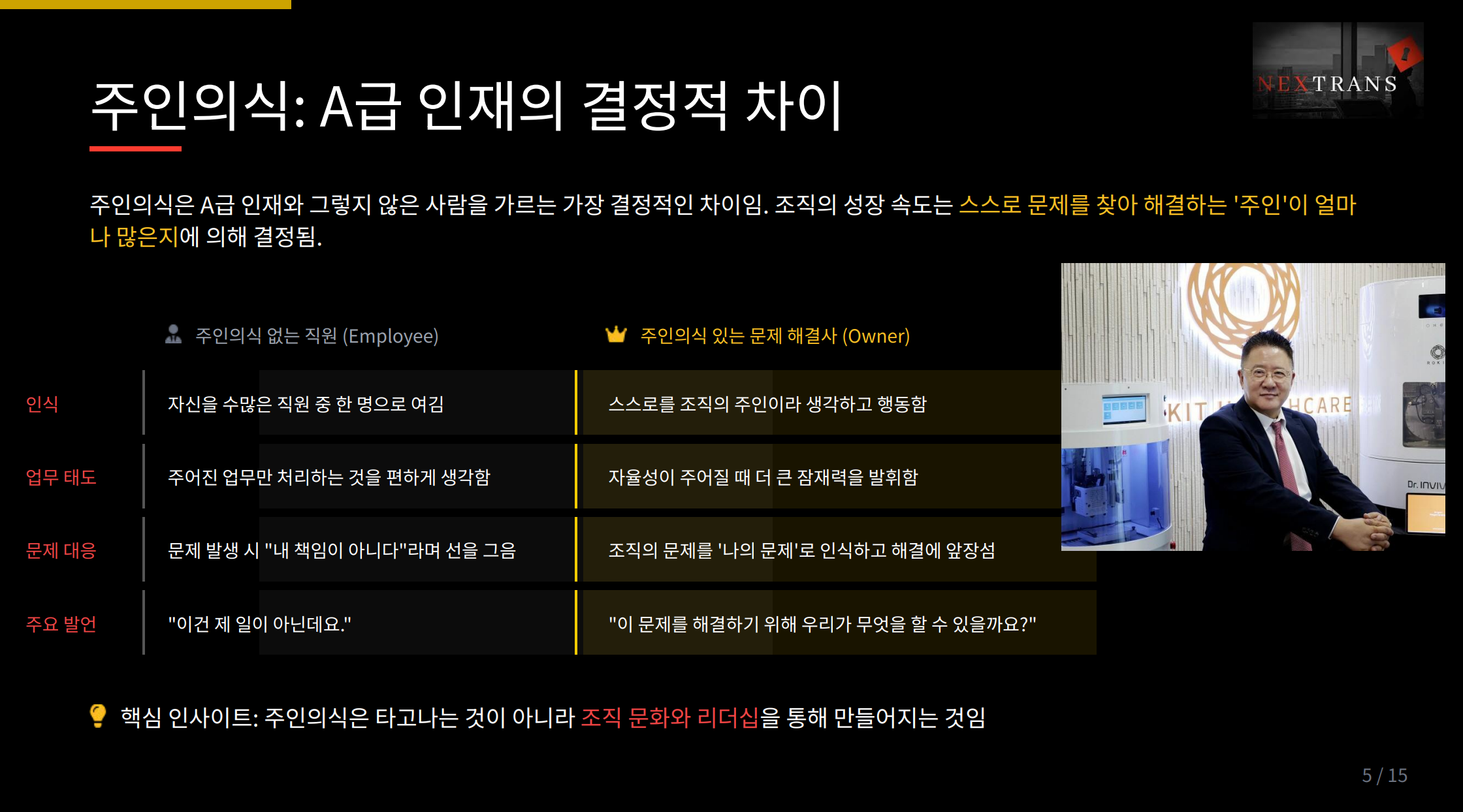 주인의식이 있는 인재와 없는 인재의 차이를 조직 내 인식, 업무 태도, 문제 대응으로 구분해 비교한 표. A급 인재의 조건으로 주인의식을 강조한 넥스트랜스 홍상민 대표의 발표 내용.