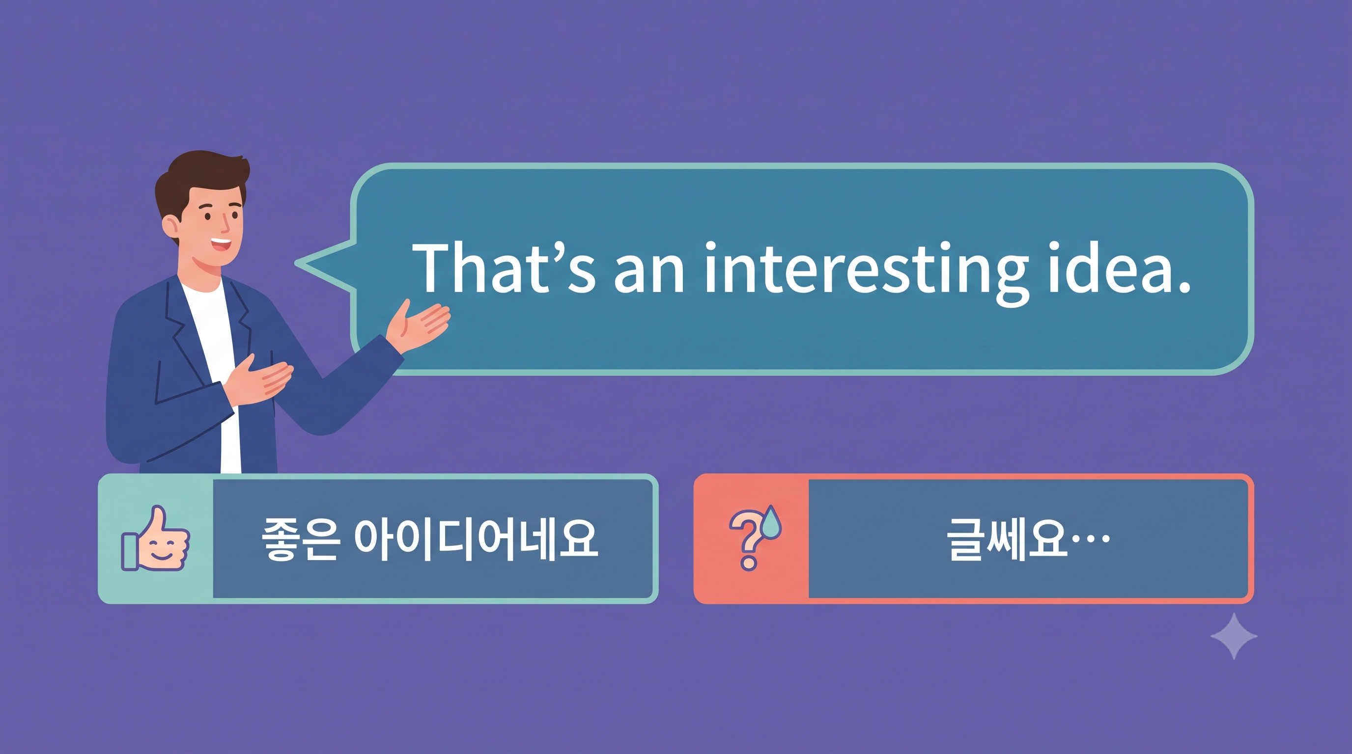 영어 문장 "That's an interesting idea"가 맥락과 어조에 따라 칭찬 또는 완곡한 거절로 해석되는 예시