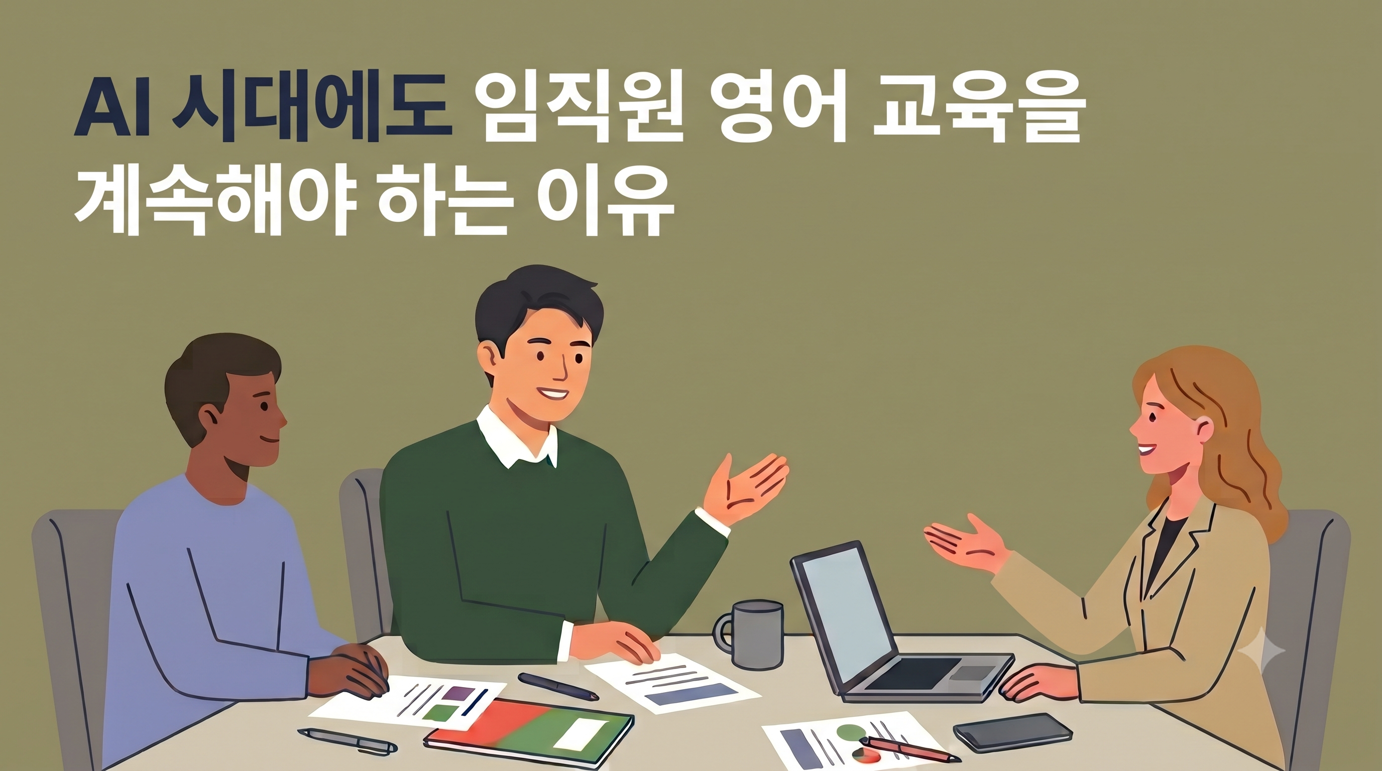 AI 시대에도 임직원 영어 교육을 계속해야 하는 이유라는 문구 아래, 다국적 직장인들이 책상에 둘러앉아 소통하고 있는 일러스트